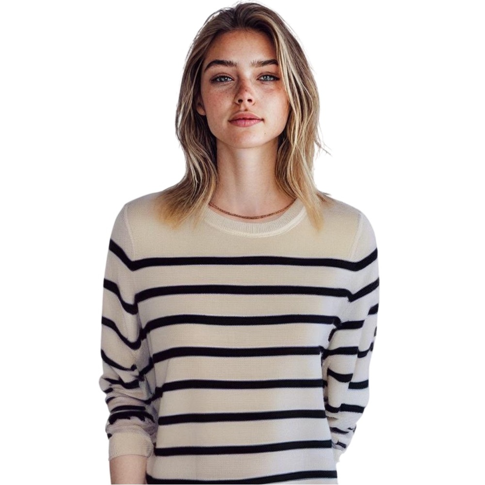 Croft & Barrow Winter White Long Sleeve Crewneck Striped Pullover Sweater SzS